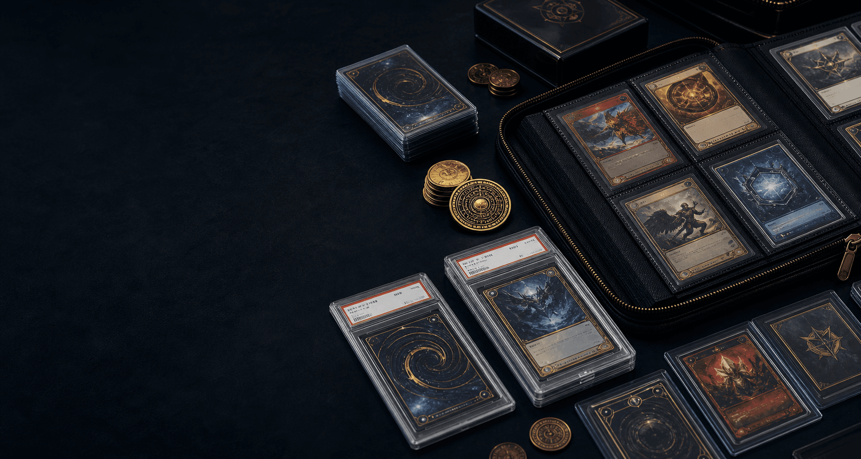 A collector table with graded cards, a card binder, and display cases